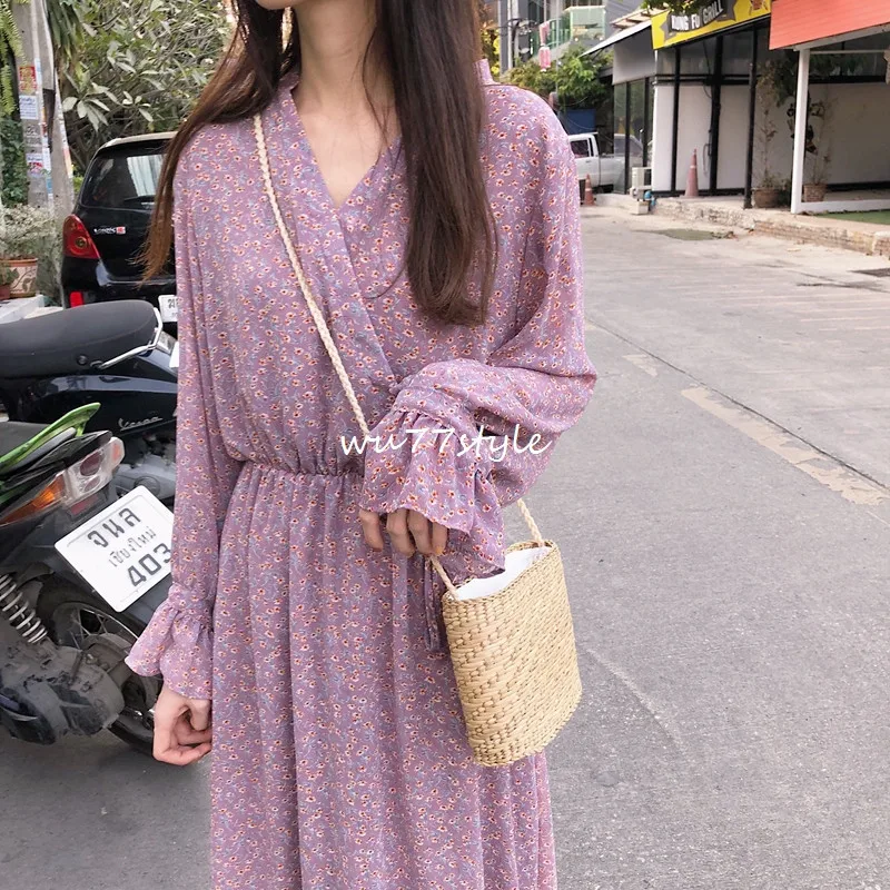 

New Summer Women Holiday Bohemian Dress New Female Long Sleeve Vintage Sukol Dress Fashion V Neck Floral Printed Chiffon Dress