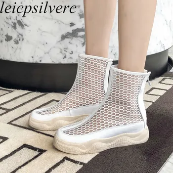 

Women's Boots Net Boots Low Heels Round Toe Zip Patchwork Height Increasing Spring Autumn 2019 Sexy New Fashion Casual Black