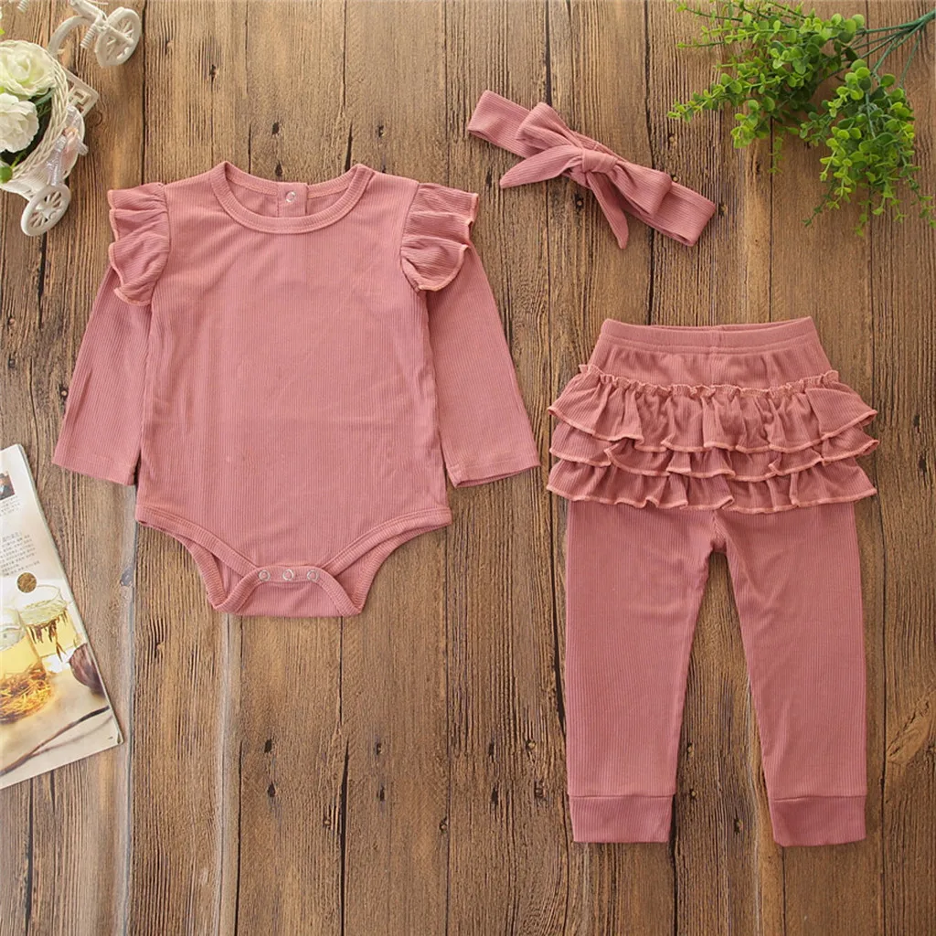 Новая модная осенняя одежда для новорожденных девочек; манжеты; комбинезон; боди+ брюки+ повязка на голову; ; ; Z4 - Цвет: Розовый