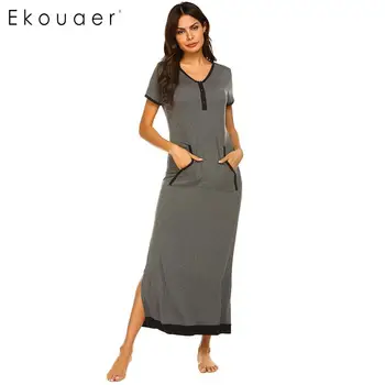 

Ekouaer Women Lingerie Nightgown Long Nightdress V-Neck Short Sleeve Contrast Color Loose Sleepwear Vestidos Homewear Dress