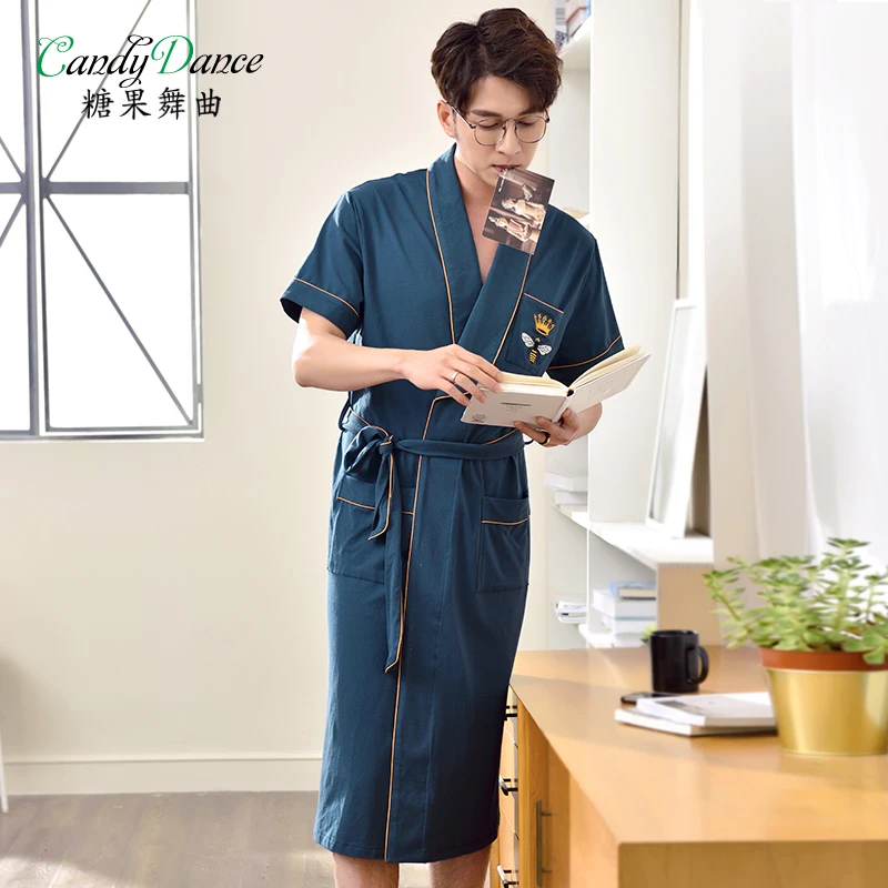 Men's robes solid 100 cotton summer short sleeve thin bathrobe plus