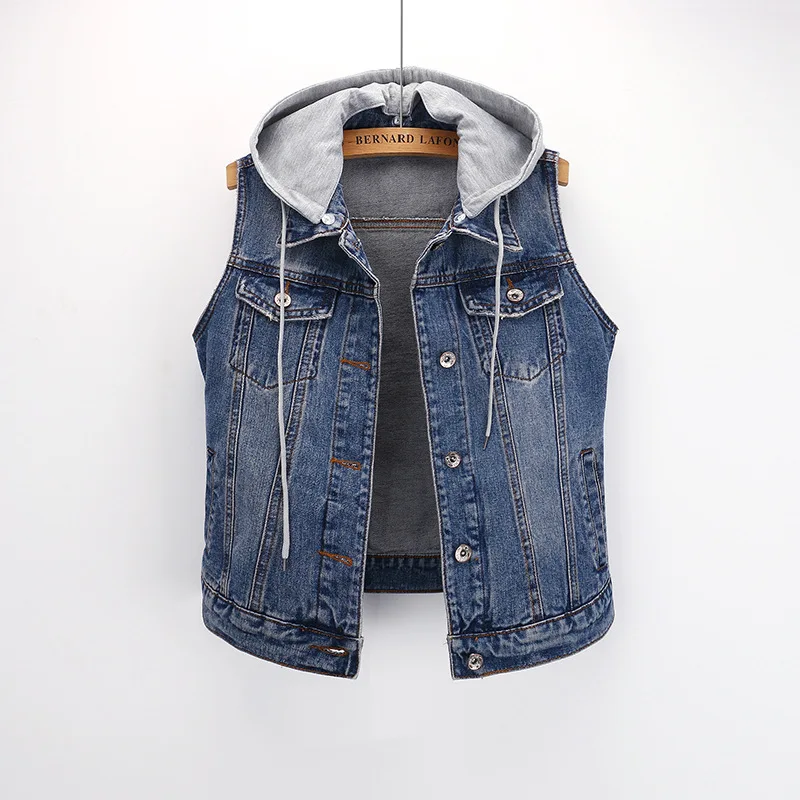 

High Quality Sleeveless Denim Vest For Women 100% Cotton Hole Short Female Jacket Single-breasted Hooded Casual Waistcoat Spring