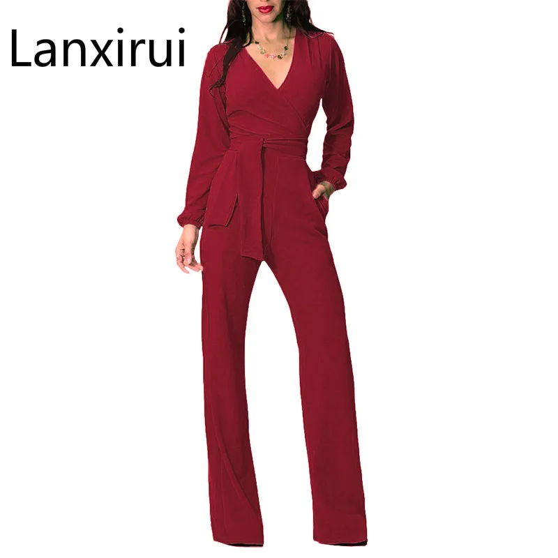 

Long Black Cotton Rompers Women Jumpsuit Winter Autumn Party Sexy Jumpsuits V -Neck Sashes Full Sleeve Loose Overalls For Women
