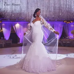 Свадебное платье русалки с длинными рукавами 2019 в африканском стиле, винтажное чисто белое кружевное вышитое изделие для свадебного