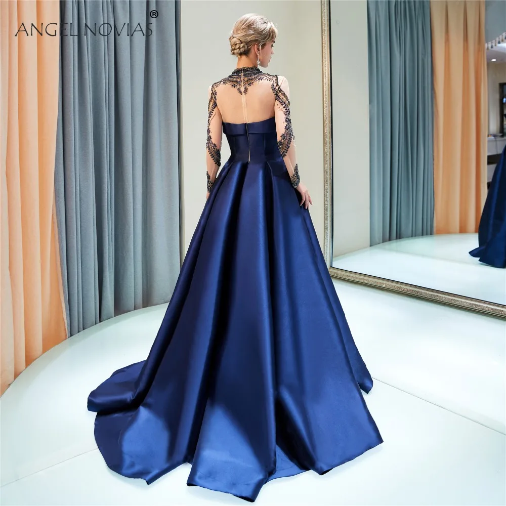 Ангел NOVIAS одежда с длинным рукавом Royal Blue Высокая шея Саудовская Арабский блеск Бисер вечерние платья 2018 Ливан Abendkleid 2018