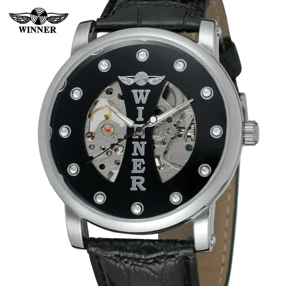 

T-Winner Mens Watches Hot selling Brand Mechanical Hand-wind Leather Strap Fashion Casual Wristwatch Color Silver WRG8051M3