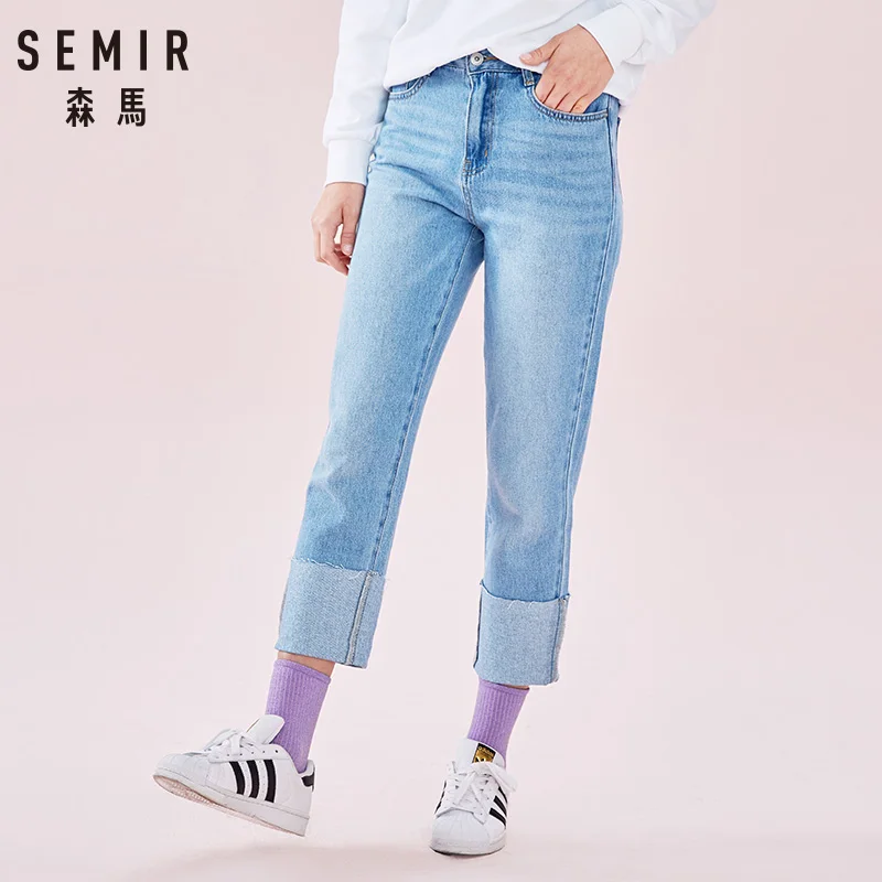 SEMIR женские потертые джинсы с высокой посадкой прямые для девочек укороченные