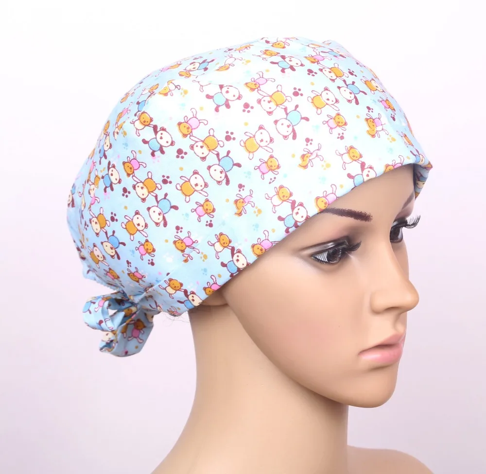 foldable lab caps,skull caps,surgical scrub caps in blue with rabbits