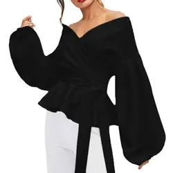 Осенняя блузка с длинными рукавами-фонариками, женские ретро однотонные женские блузки, сексуальные рубашки с глубоким v-образным вырезом