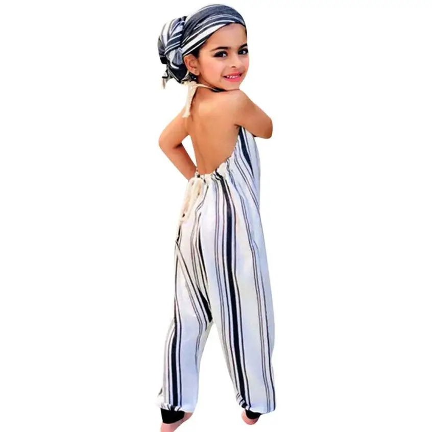 

Toddler girls boutique outfits Infant Baby Girl children's Overalls Striped Backless Halter Romper Jumpsuit Outfit Playsuit