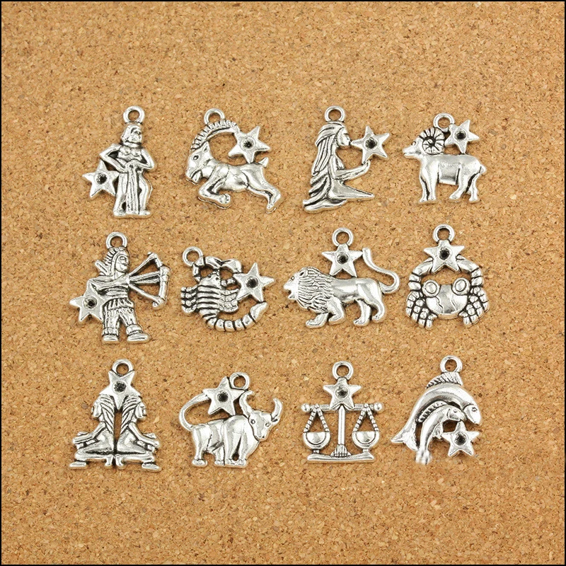 

12pcs/lot Hot Sale High quality Antique Silver Charm 12 Constellations Zodiac Charms Pendant For Necklace Jewelry Accessories