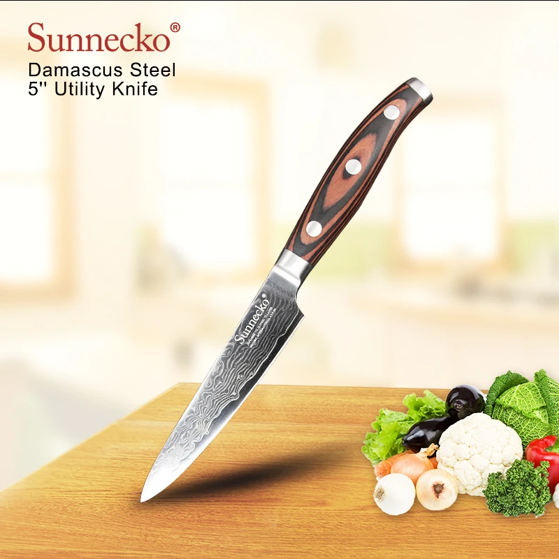 

SUNNECKO Multipurpose 5" Utility Knife Japanese VG10 Damascus Steel Sharp Blade Kitchen Knives Pakka Wood Handle Chef Cut Knife