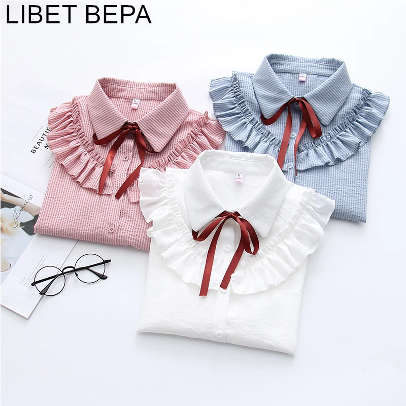 

New 2019 Autumn Winter Women Wrinkled Shirts Casual Fashion Turn-down Collar Ribbon Ruffles Butterfly Sleeves Blouse ST3023