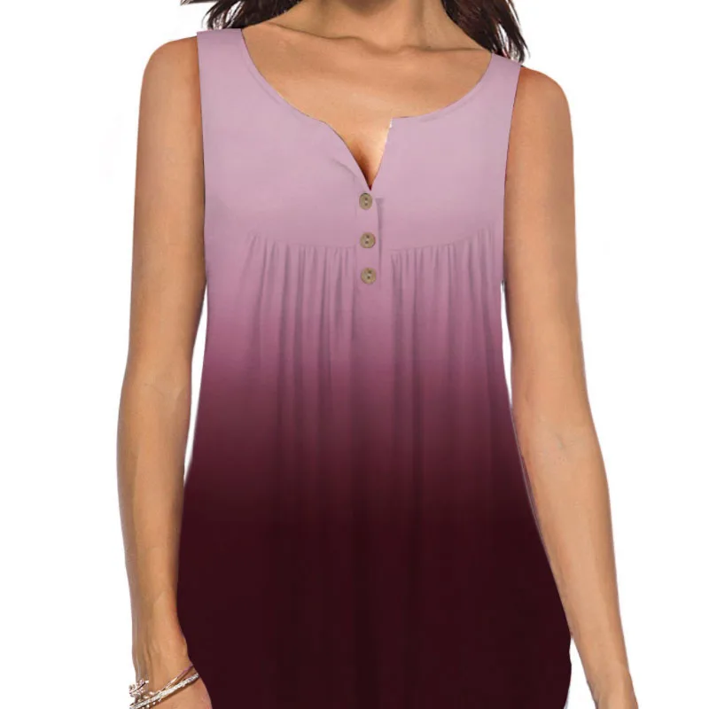 

Fashion Personality V-neck Gradient Color Button Decorative Short Sleeve Streetwear Camisetas Verano Mujer Top Women T Shirt