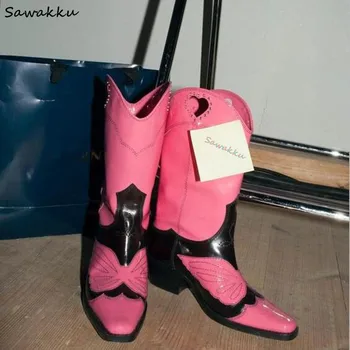 

New Design Women Runway Shoes Genuine Leather Pointed Toe Cowboy Boots Hollow Out Heart Mid Heels Winter Western Knee High Boots