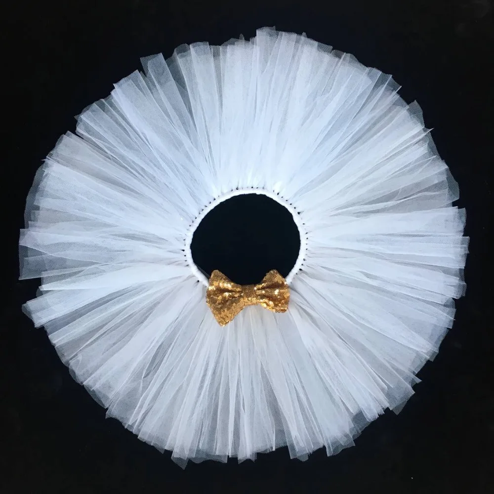 

Girls White Tutu Skirt Infant Baby Fluffy Tulle Pettiskirt Ballet Dance Skirts with Gold Sequin Bow Kids Birthday Party Skirts
