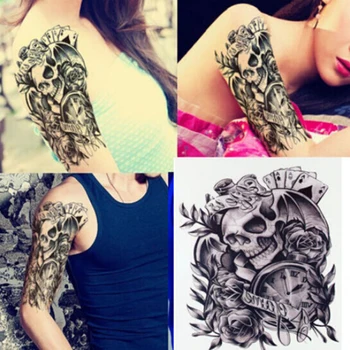 

1 Pc cool fashion Men Old Clock Death Skull Punk Rose Temporary Tattoos Stickers Boys Body Arm Sleeve Adhesive Fake Tattoo