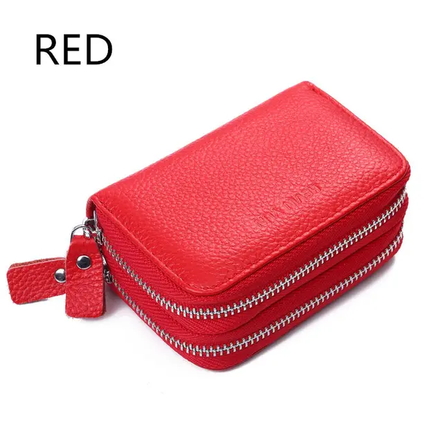Fashion Women Card Holder Double Zipper Genuine Leather Wallet Credit Cards Case Bag red