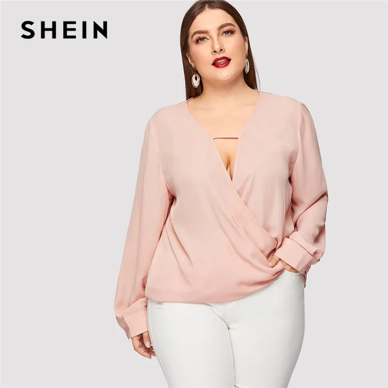 SHEIN Размер Плюс Однотонный Топ С Глубоким V-Образным Вырезом Сексуальная Блузка На Запах