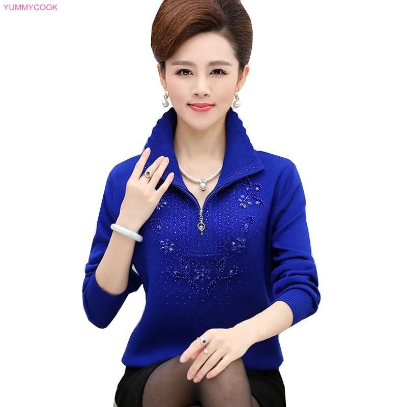 

Plus size Middle-aged Women Wool Pullover Sweater Autumn Winter Loose Stretch Fashion Soft Zipper Female Knitwear Casual Top 471