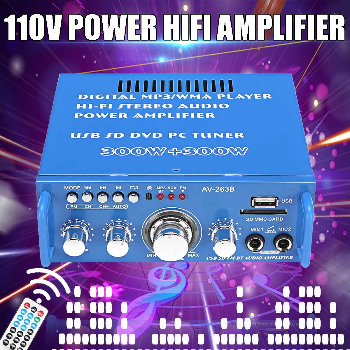 

110V/12V 2CH Home Car Audio Power Amplifier 300W+300W HIFI Stereo Digital bluetooth Mini Amplificador FM MP3 U disk Music Player