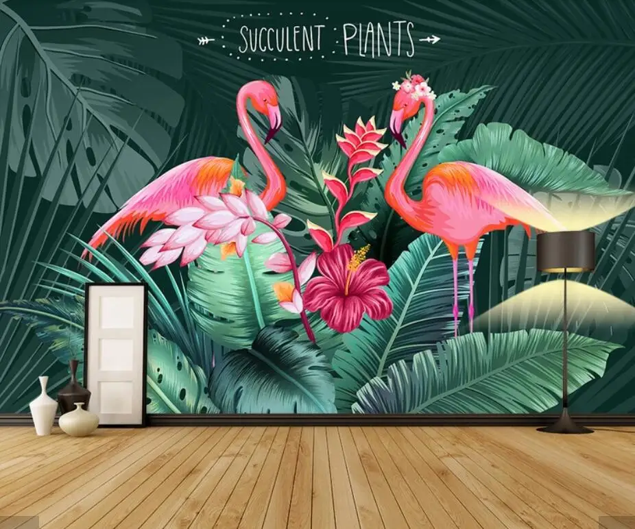 3D Flamingo Tropical Leaves Wallpaper Rainforest Plant Mural Contact