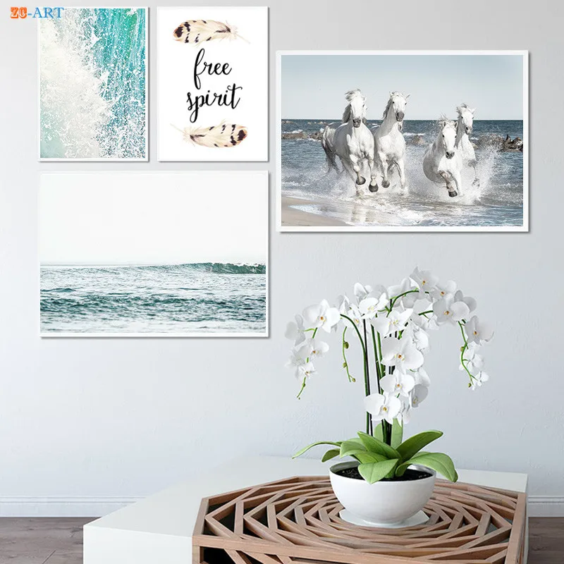 

Framed Modern Seascape Canvas Painting Running Horses Poster Feather and Quote Print Pastel Wall Art Nursery Decor