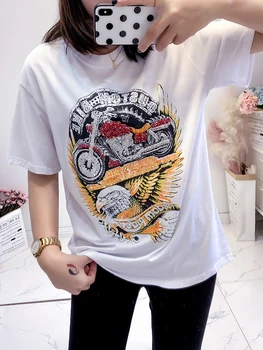 

Short-sleeved T-shirt female 2019 spring new women's heavy work beaded three-dimensional sequins eagle loose shirt tide