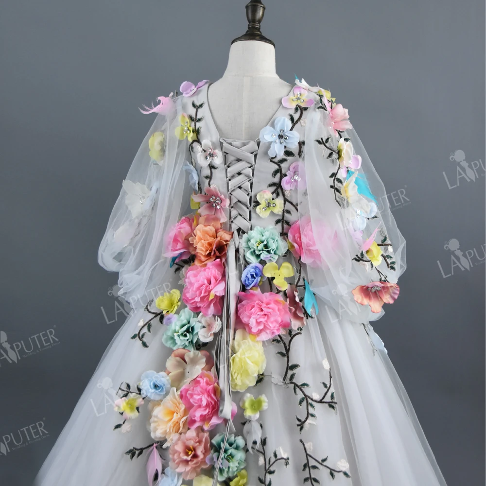 Реальные фотографии, разноцветные платья с длинными рукавами и цветочной аппликацией с v-образным вырезом для девочек бальное платье в пол на шнуровке, детское платье для торжеств