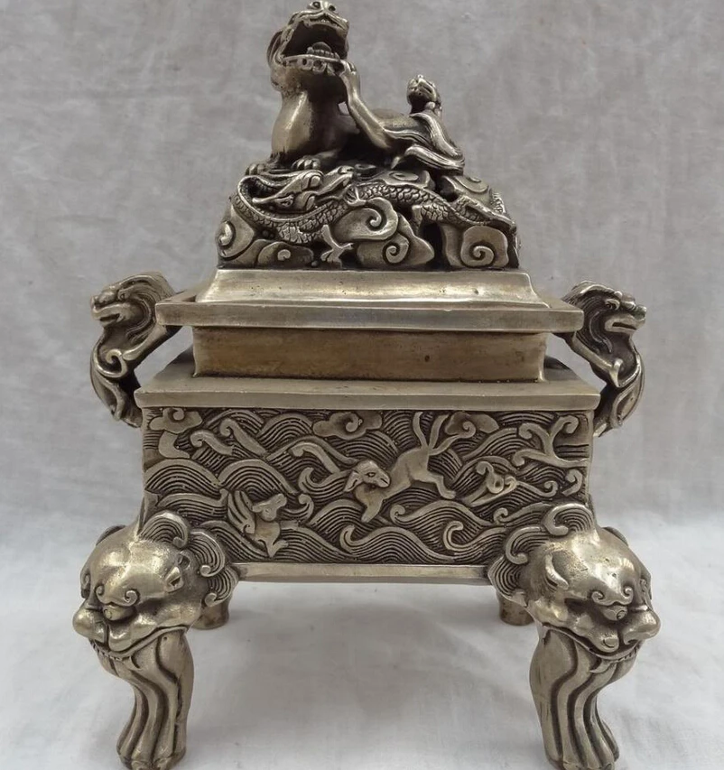 

S4373 8" Chinese Silver Buddhism Dragon Lion Head Statue Brass Incense Burner Censer D0317