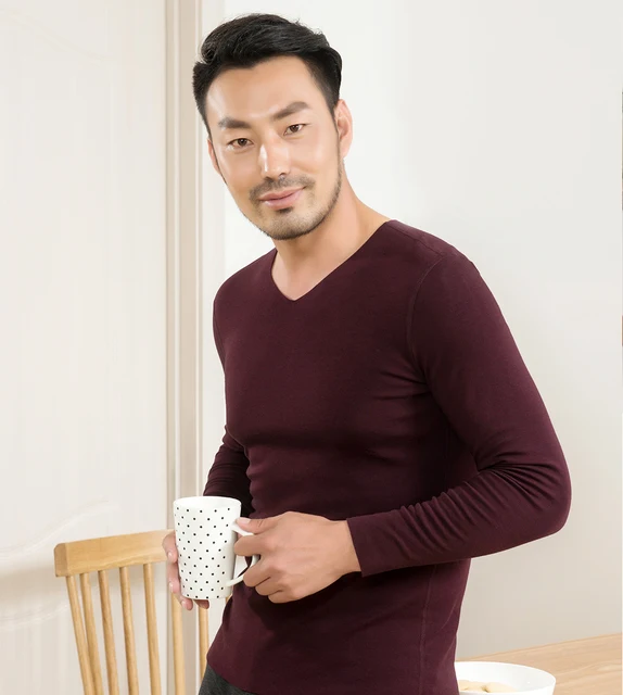 Fever fiber long-sleeved Mens underwear sleep tops winter V-neck traceless mens bottoming shirt homewear top