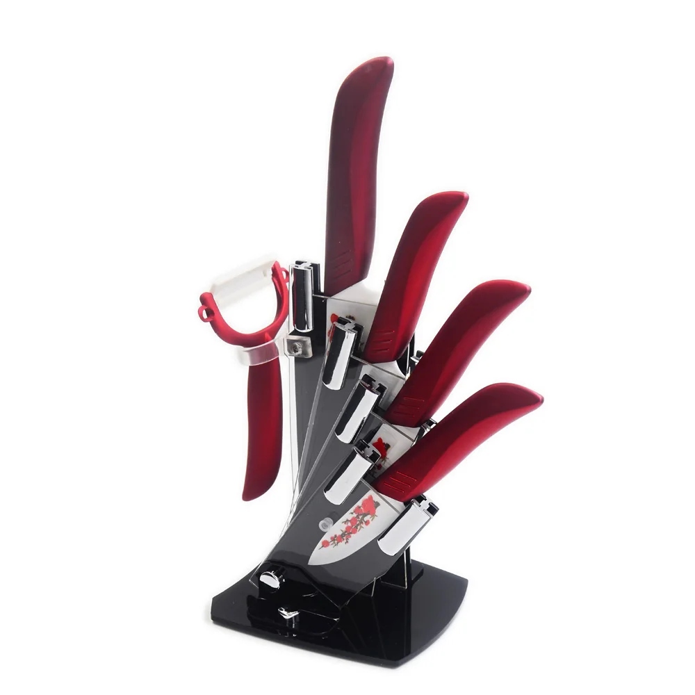 XYJ Brand Kitchen Accessories Black Knife Holder Peeler And Red Flower White Blade Kitchen Ceramic Knife