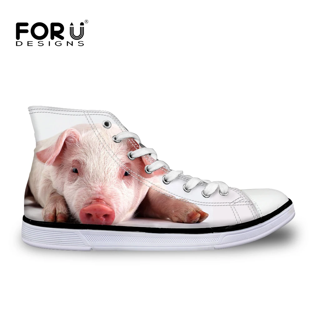 

FORUDESIGNS Cute Pig 3D Animal Print High Top Vulcanize Shoes for Women Flats Spring Lace-up Fashion Canvas Leisure Shoes Woman