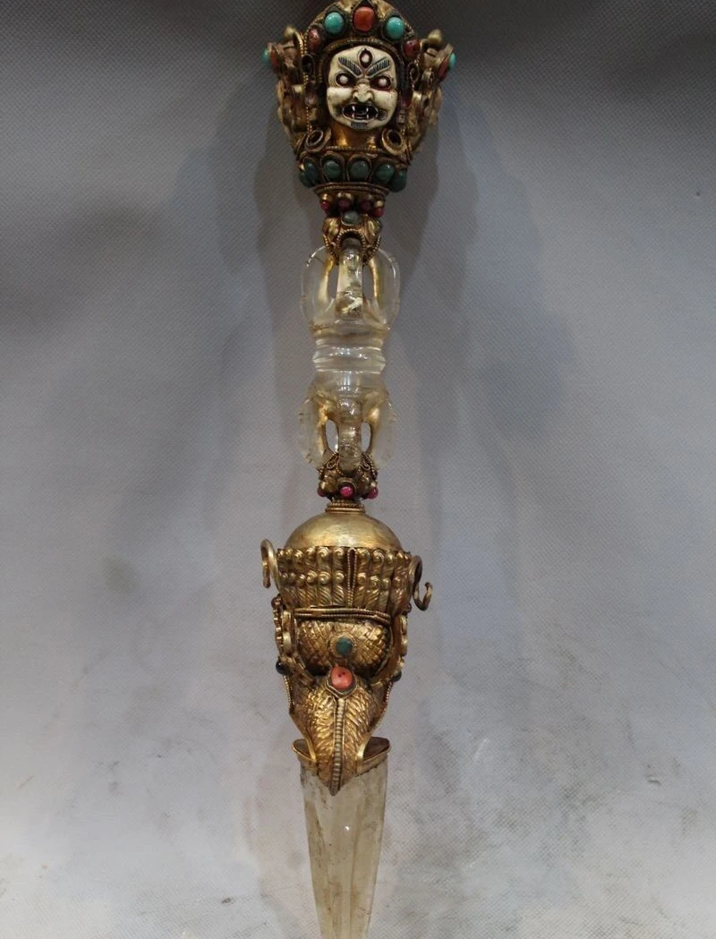 

15"Tibet Buddhist Crystal Gem Dorje Phurpa Pestle Vajra Mahakal Buddha statue