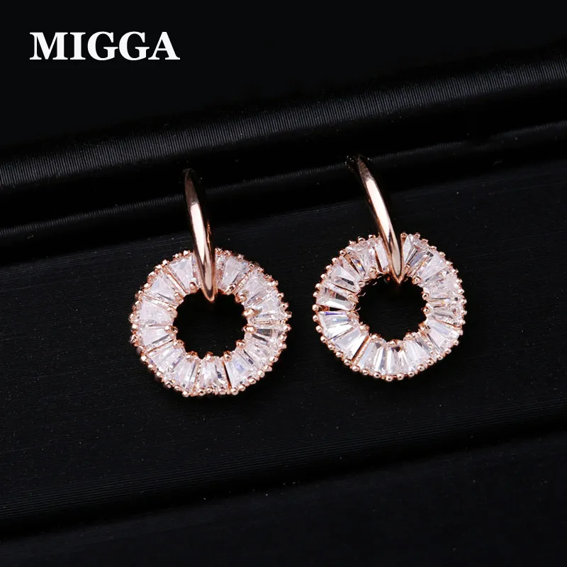 MIGGA, объемное освещение, циркониевые круглые серьги-гвоздики для женщин, для девочек, цвета розового золота, сережки-гвоздики со стразами, ювелирные изделия