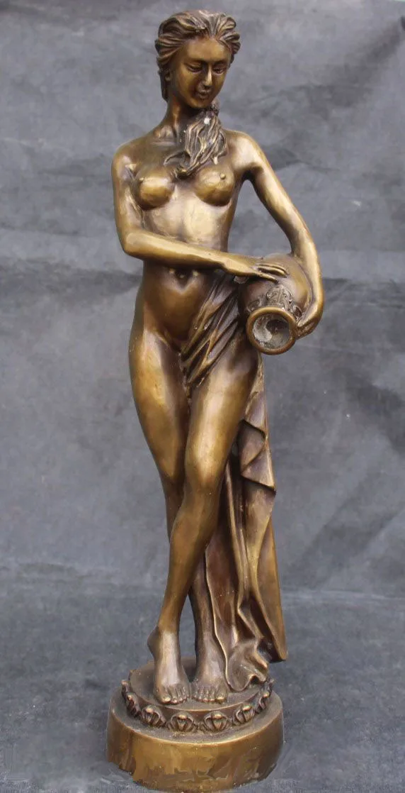 

20" Western Art Bronze sculpture charming nude woman belle flower vase beauty