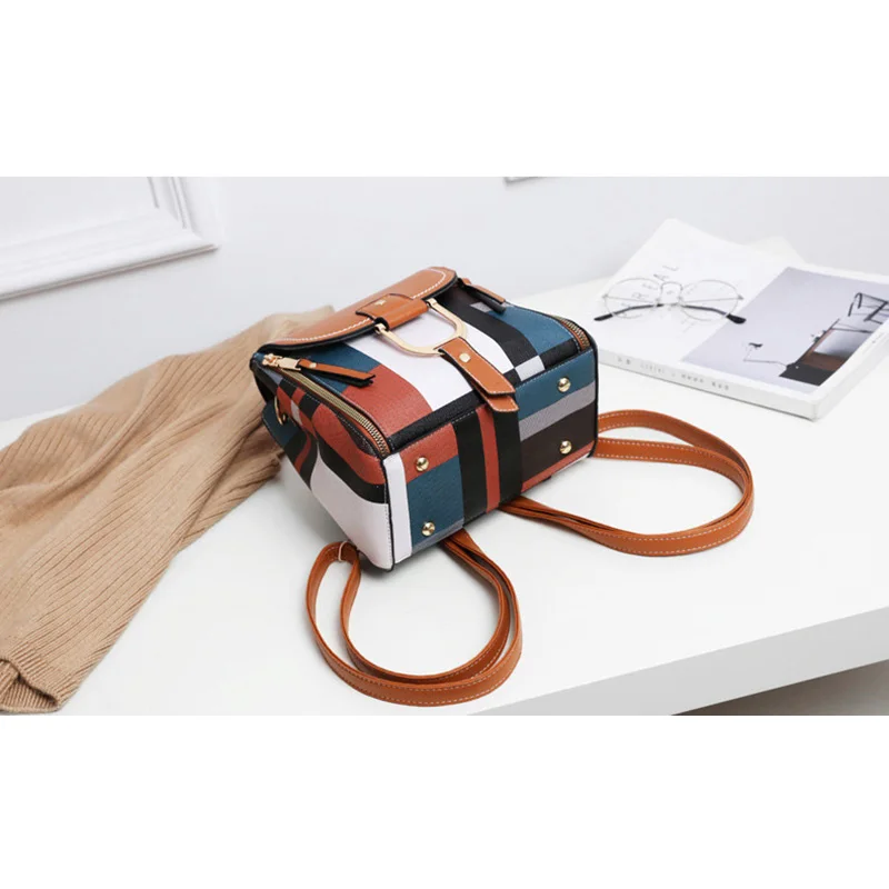 Multifunctional Colorful Plaid Women Bags Backpacks Fashion Brand Retro Leather Lady Backpack Small Shoulder Bag For Young Girl
