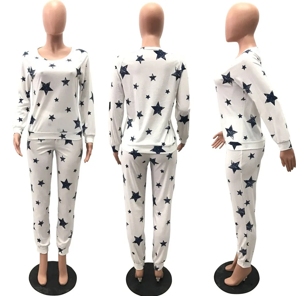 Женский Пижамный костюм с принтом звезды на осень и зиму, повседневные топы для сна с длинным рукавом и прямые штаны для сна, Свободная Домашняя одежда - Цвет: Белый