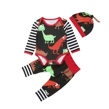 Осенний комплект из 3 предметов для новорожденных девочек и мальчиков, динозавры с животными, боди, Топы+ штаны+ шапка, комплект одежды для детей 0-24 месяцев
