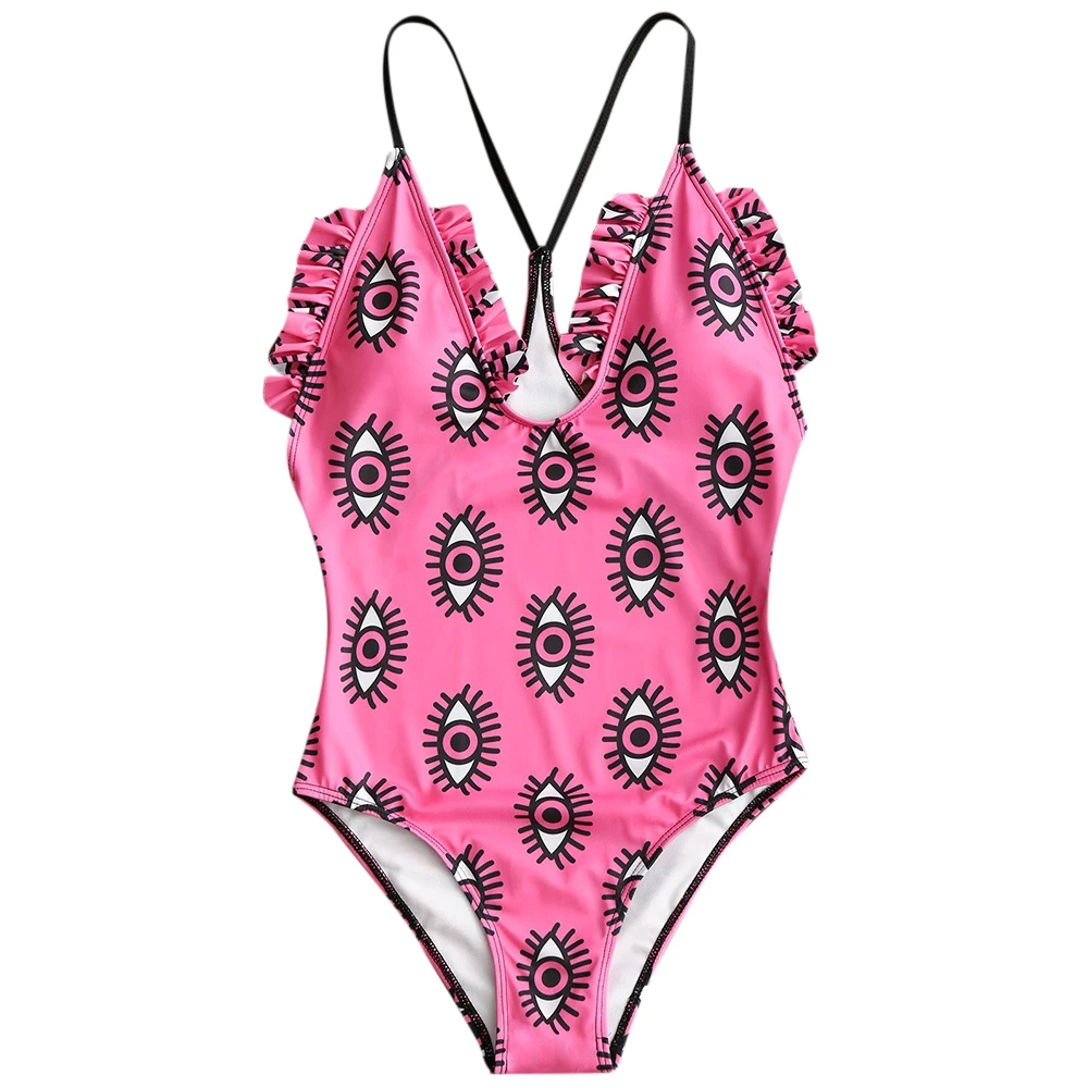Eye Frill Hem Backless One Piece Swimsuit Printed Bathing Suit Swimming