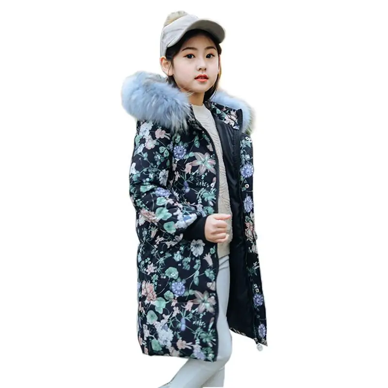 

2019 New Winter Girls White Duck Down Jacket Coats Children Girls Fur Collar Hooded Parkas Kids Flower Thick Warm Outwear W100
