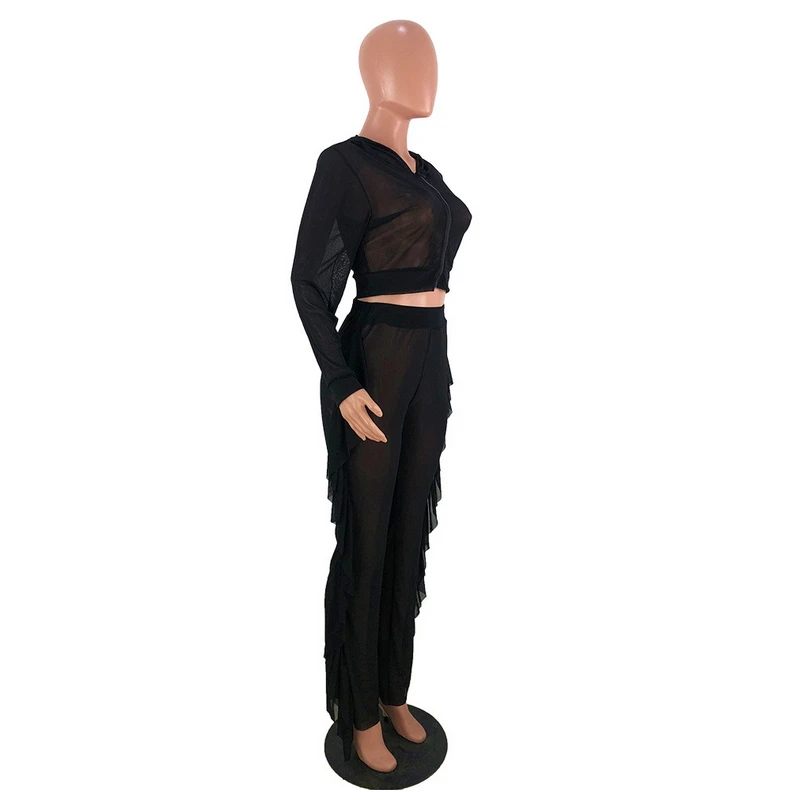 2019 Black Mesh Two Piece Set See Through Hoodies Crop Top Stringy Selvedge Ruffles Side Long Pants Sweat Suit Sexy Perspective