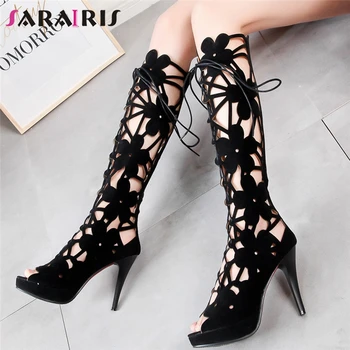 

SARAIRIS New Fashion 2019 Hot Sale Plus Size 34-48 Peep Toe Summer Boots Women Shoes Woman Spike Heels Mid Calf Boots