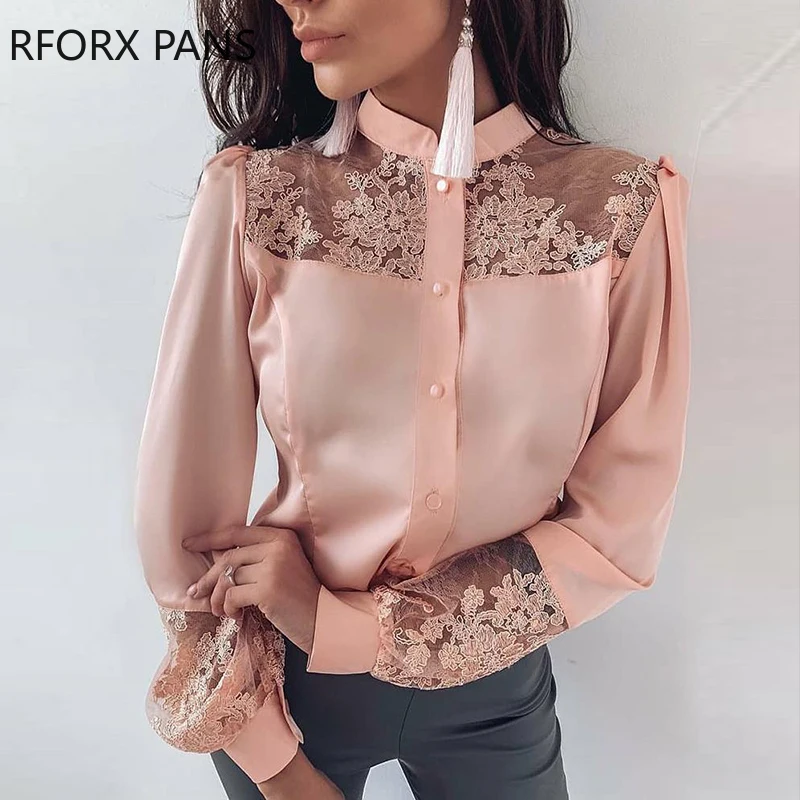 

Mesh Embroidery Insert Button Up Blouse Long Sleeve Women Tops Chiffon Blouse