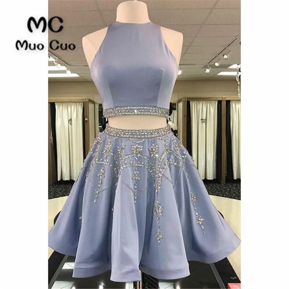 Two Piece Round Neck Light Sky Blue Beaded Satin Homecoming Dress