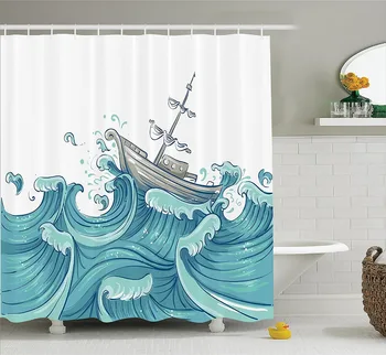 

Modern Shower Curtain Illustration of A Ship Being Tossed by Giant Ocean Waves Aquatic Old Vessel Sea Journey Blue Grey White