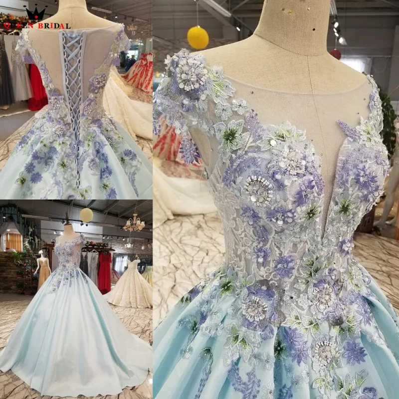 Sky Blue Satin Flowers Appliques Crystal Luxury Long Evening Dresses 100% Real Gown 2021 Vestido De Festa KC602 | Свадьбы и