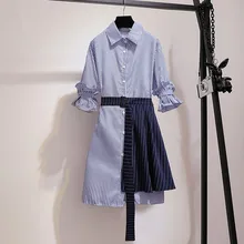 Летнее новое платье-рубашка с отложным воротником Полосатое винтажное мини-платье для женщин однобортное офисное платье вечерние платья