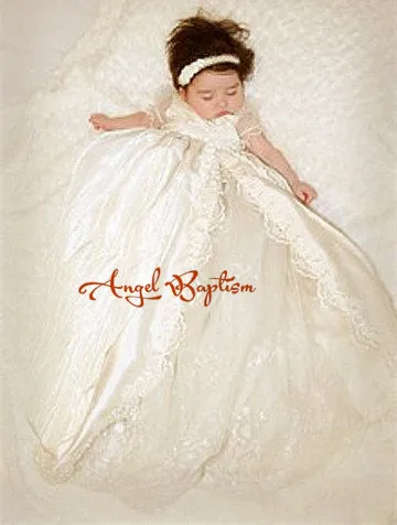 Vintage White Ivory Baby Girls Christening Gown Lace Short Sleeve Baptism Dress