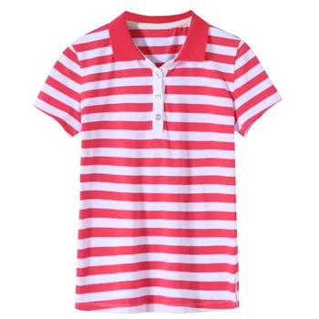 

New 2020 Summer Women's Fashion Slim Turn Down Collar Short Sleeve Red And White Striped T Shirt Tops Female Casual Cotton Tees